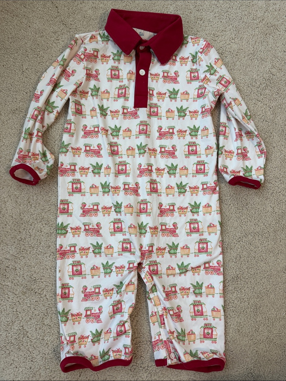 Smockingbird Red-Collar Holiday Train Print pants Romper